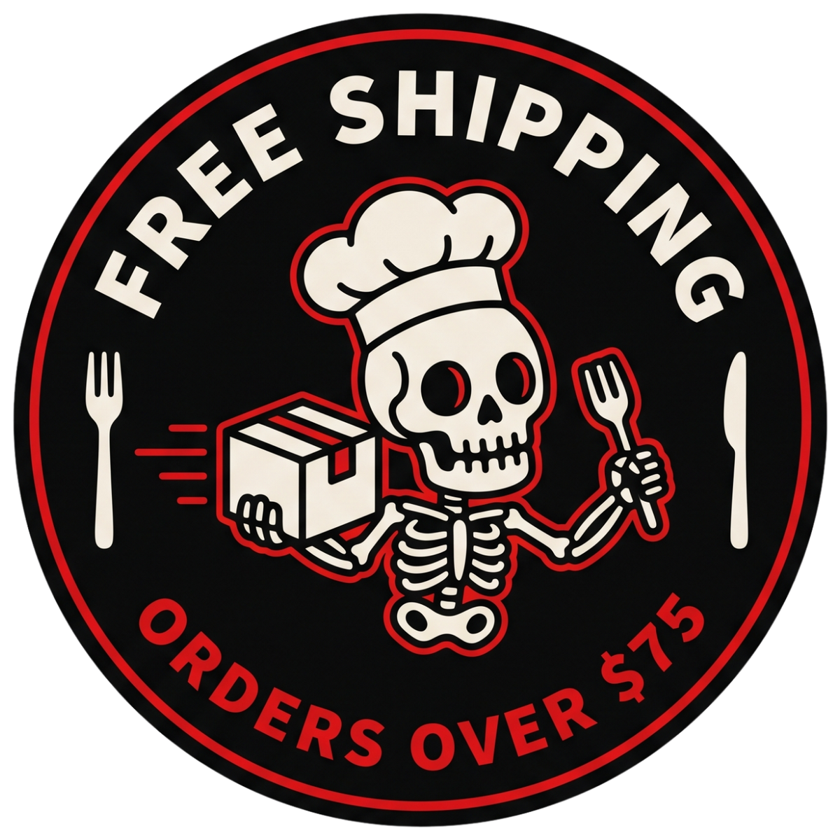 Circular logo with a skeleton chef character and free shipping text on a black background