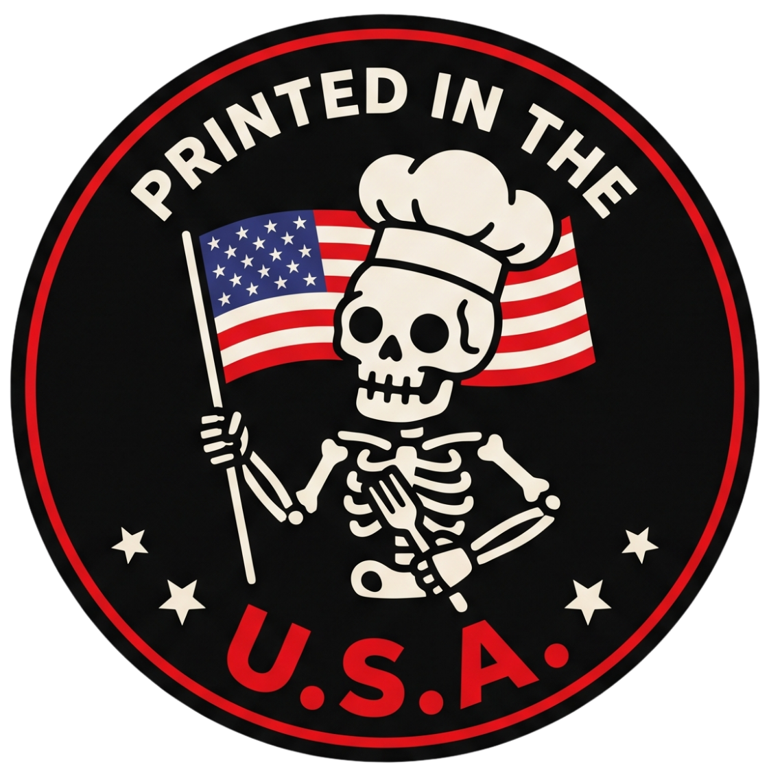 Circular logo with skeleton holding an American flag and 'Printed in the U.S.A.' text on a black background.