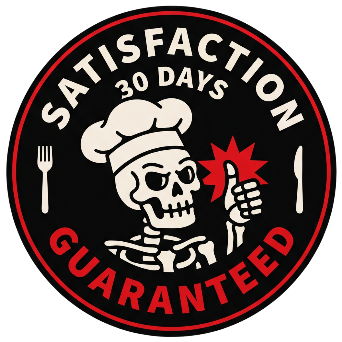 Circular logo with a skeleton chef, fork, knife, and text 'Satisfaction 30 Days Guaranteed' on a white background.
