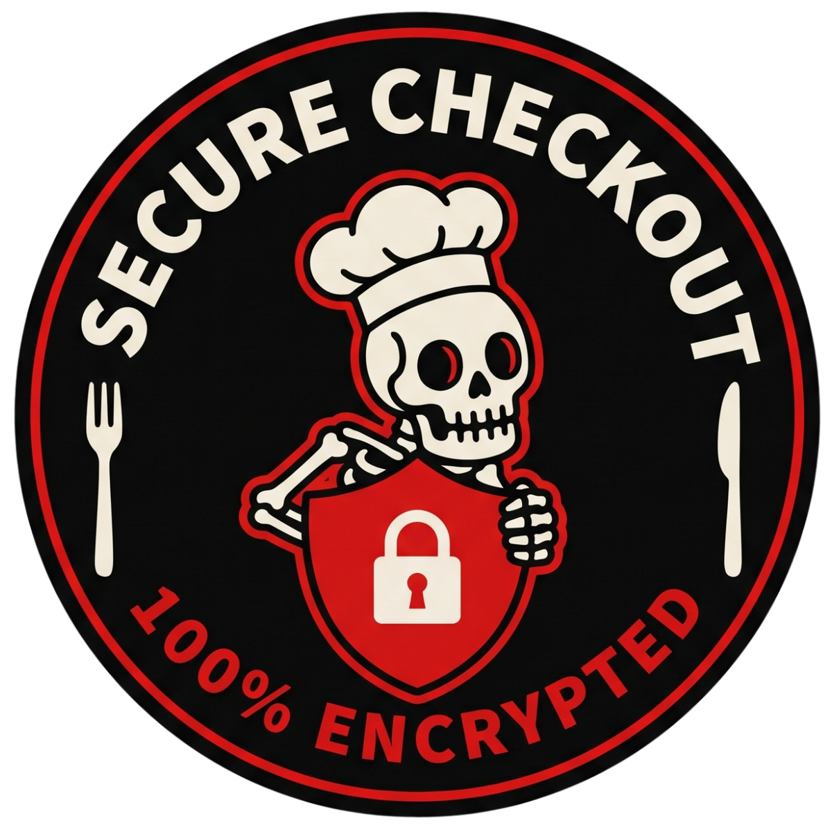 Circular logo with skeleton wearing a chef's hat, shield with lock, and text 'Secure Checkout 100% Encrypted' on a white background.