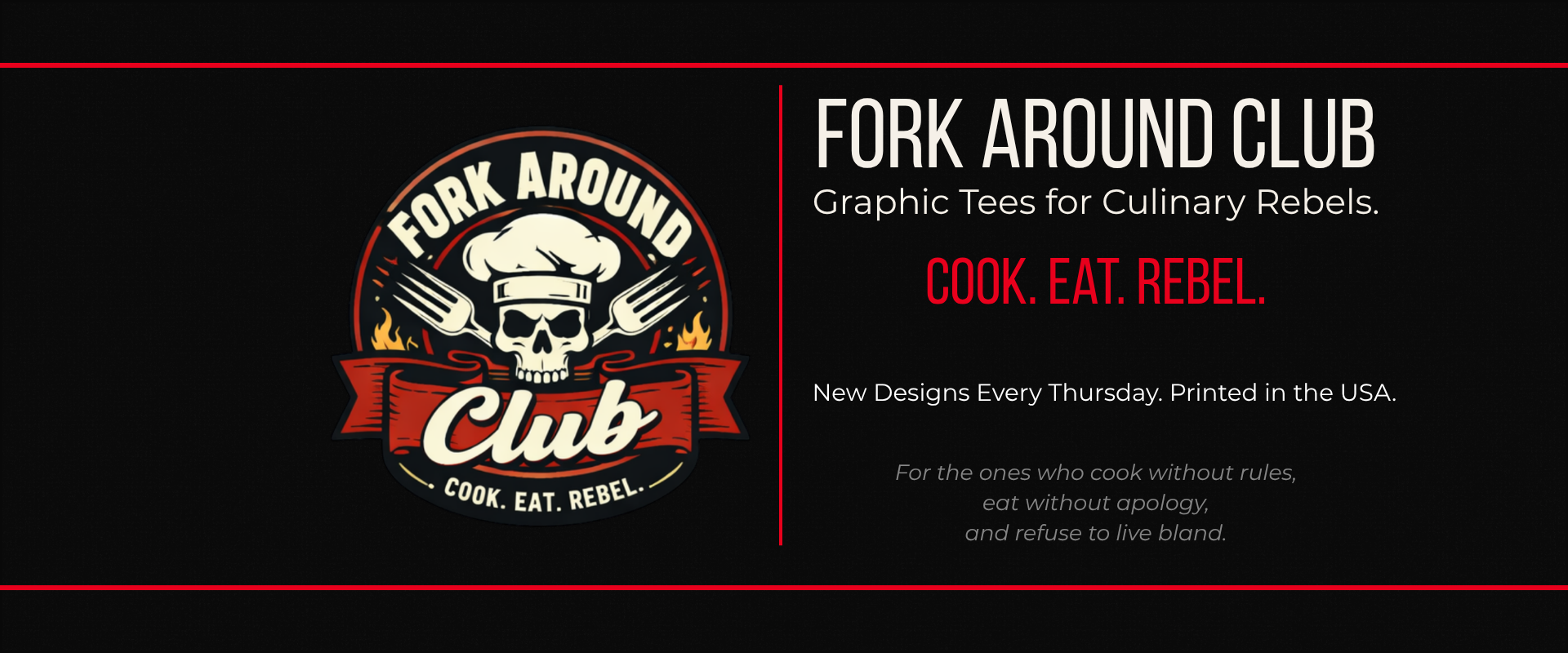 Fork Around Club logo with skull and crossed utensils on a black background